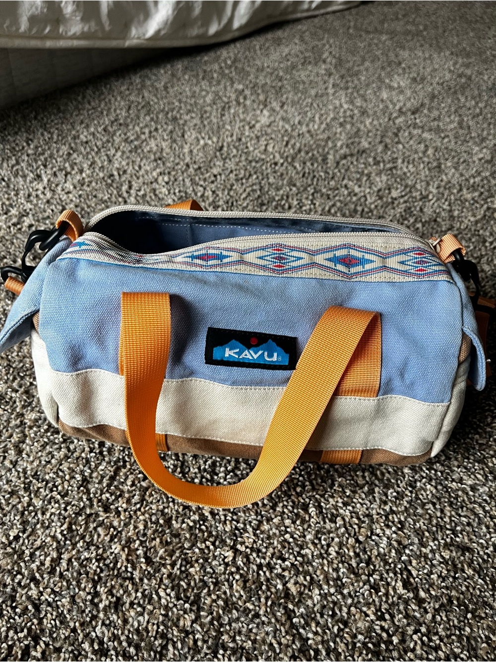 KAVU Light Blue and Tan Canvas mini  Duffel Bag with Orange Straps
